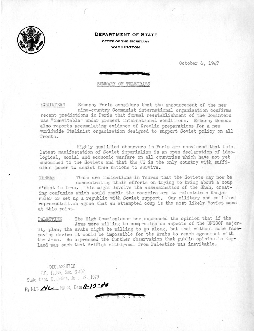 Memorandum, Department of State Summary of Telegrams