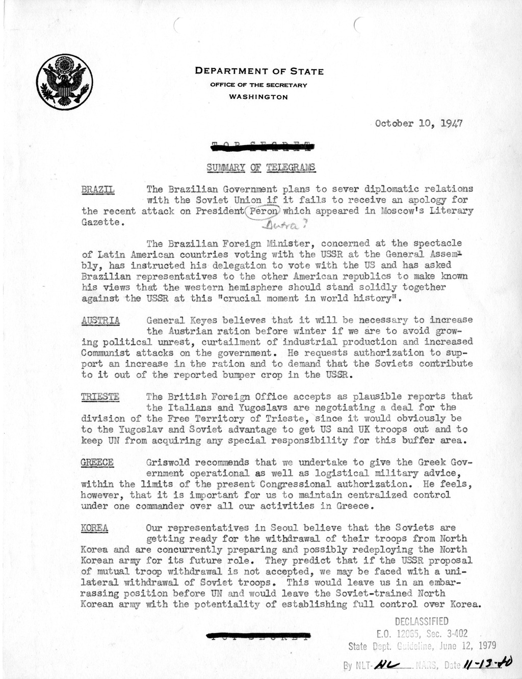 Memorandum, Department of State Summary of Telegrams