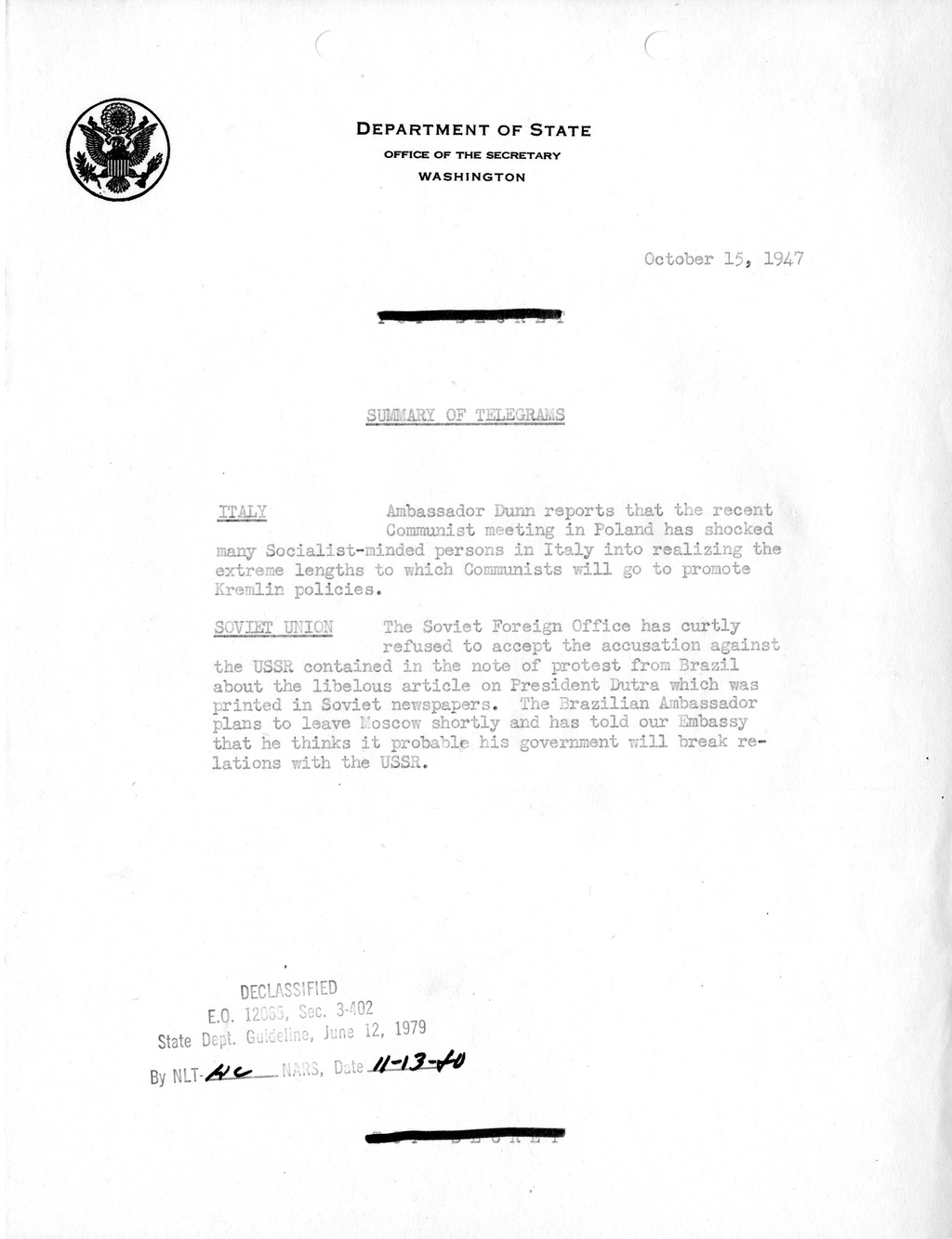 Memorandum, Department of State Summary of Telegrams