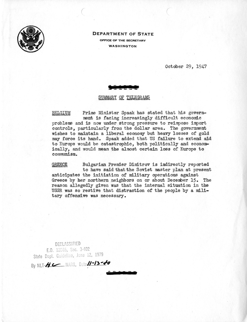 Memorandum, Department of State Summary of Telegrams