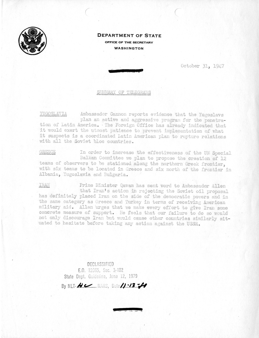 Memorandum, Department of State Summary of Telegrams