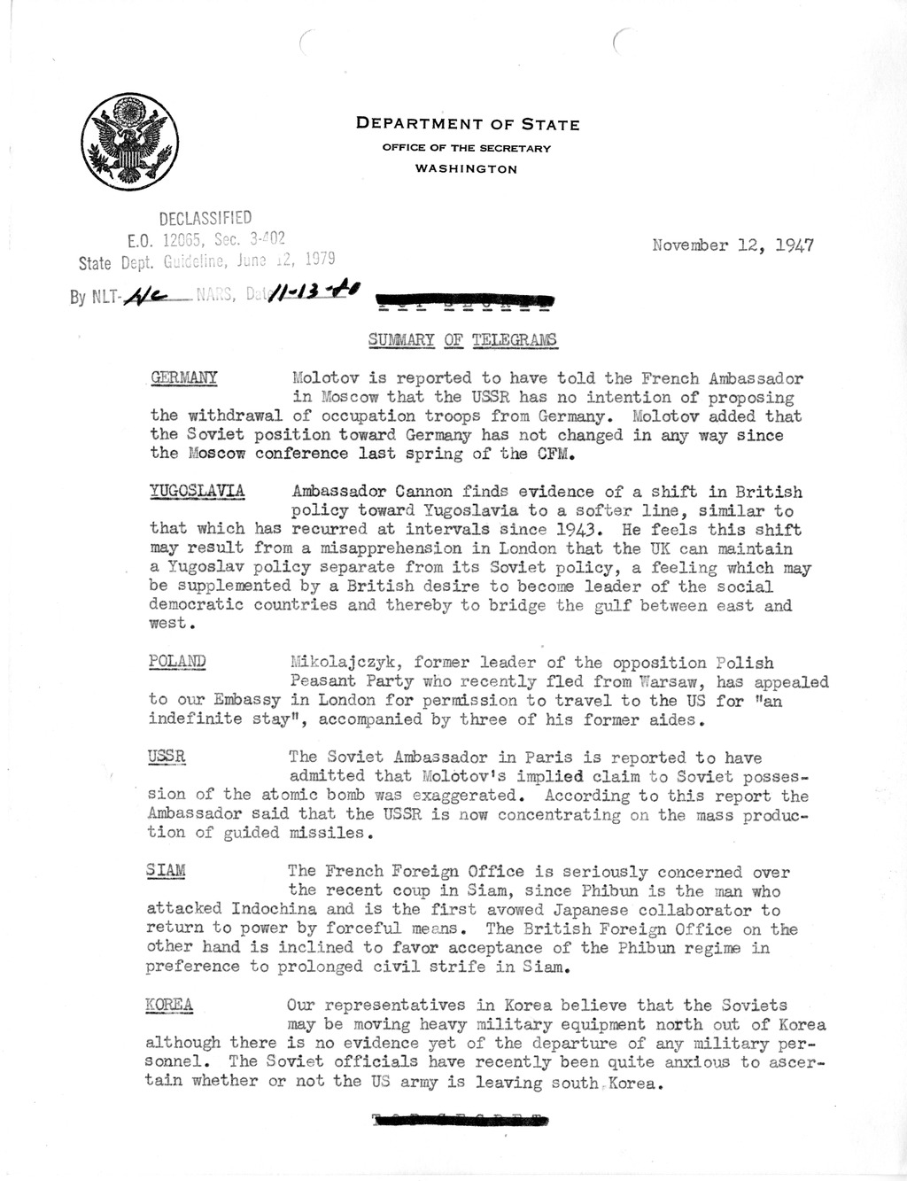 Memorandum, Department of State Summary of Telegrams