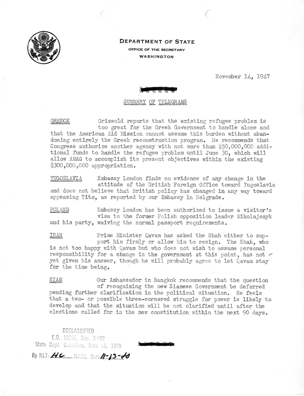 Memorandum, Department of State Summary of Telegrams