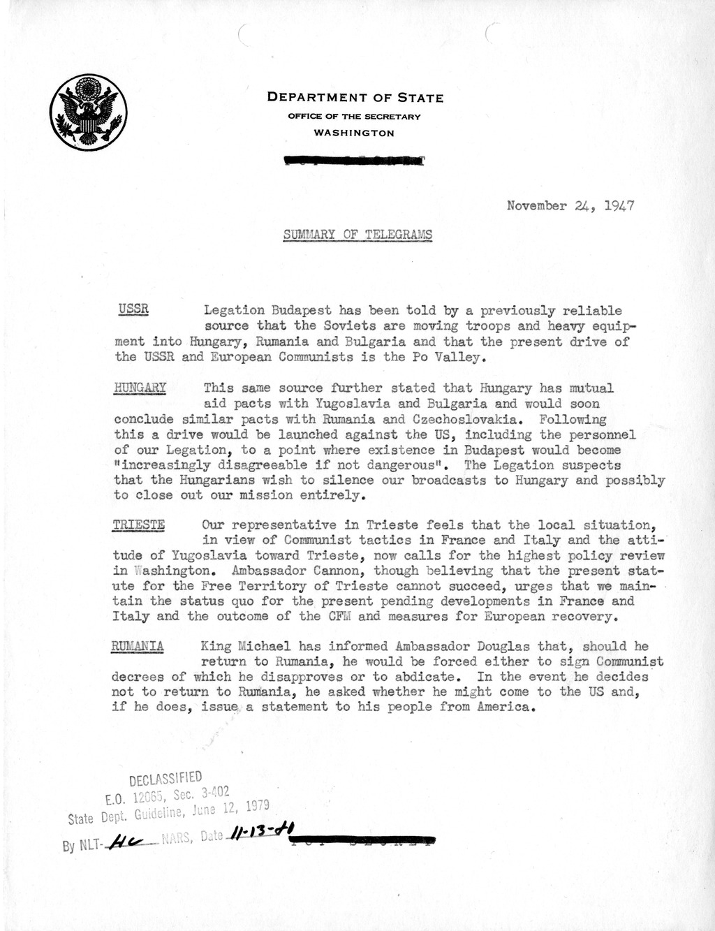 Memorandum, Department of State Summary of Telegrams