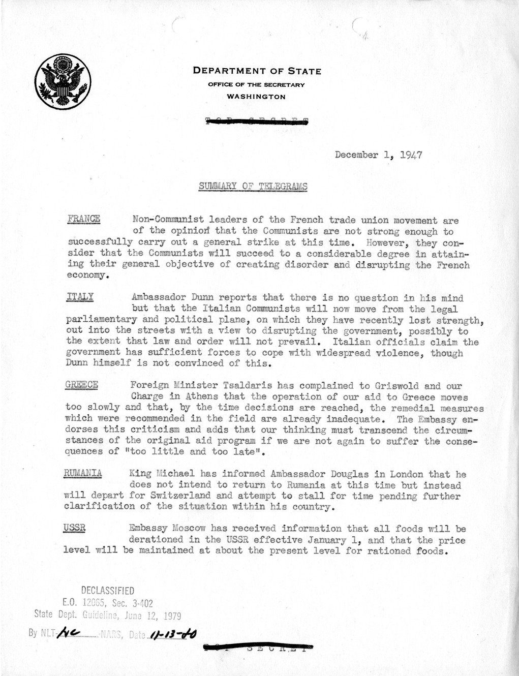 Memorandum, Department of State Summary of Telegrams