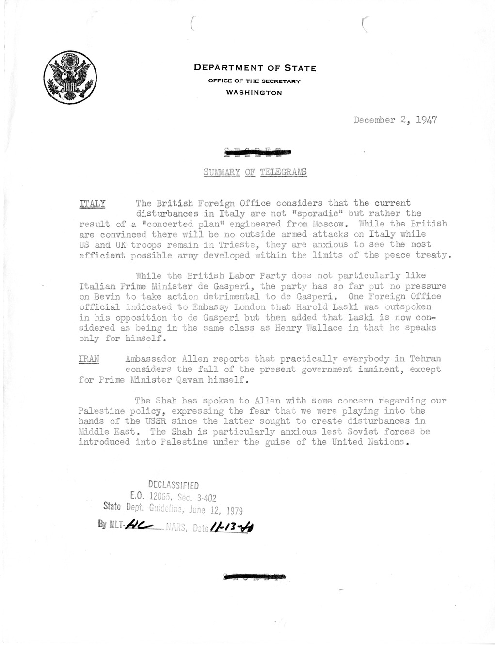 Memorandum, Department of State Summary of Telegrams