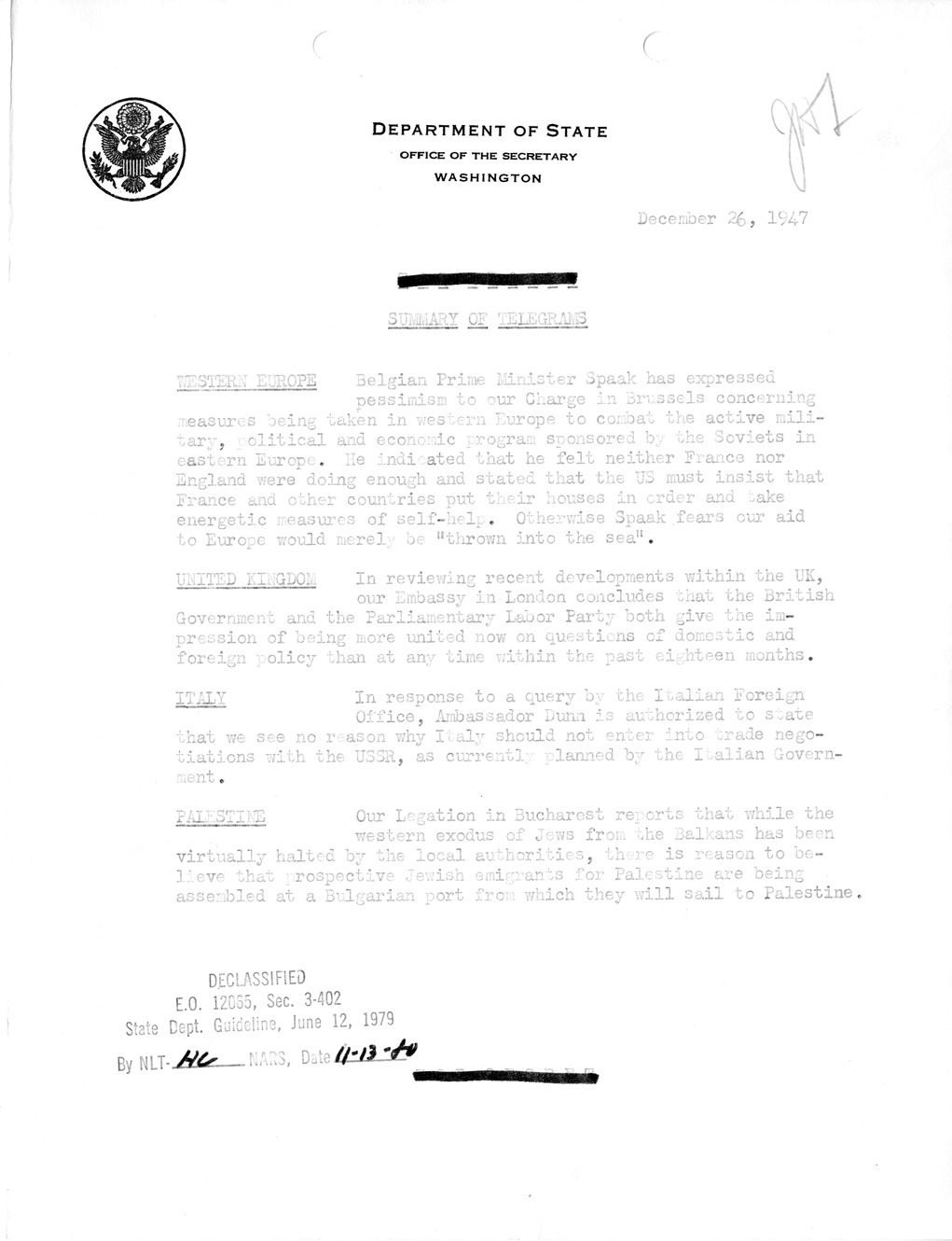 Memorandum, Department of State Summary of Telegrams