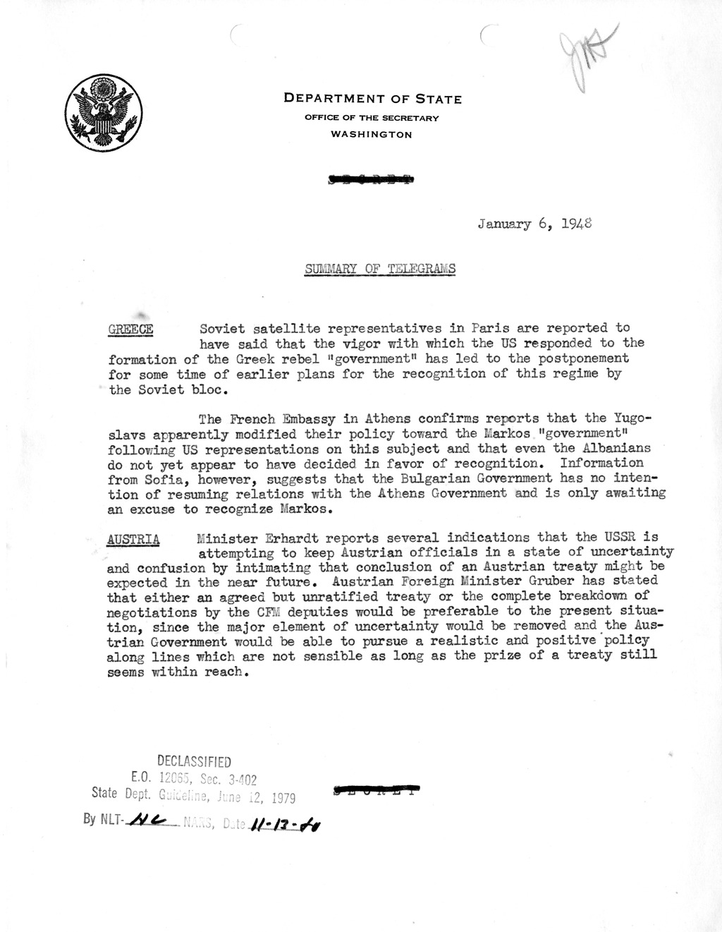 Memorandum, Department of State Summary of Telegrams