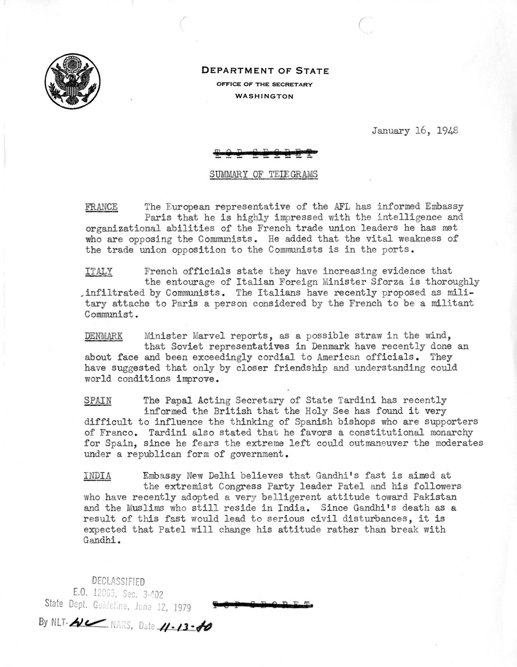 Memorandum, Department of State Summary of Telegrams