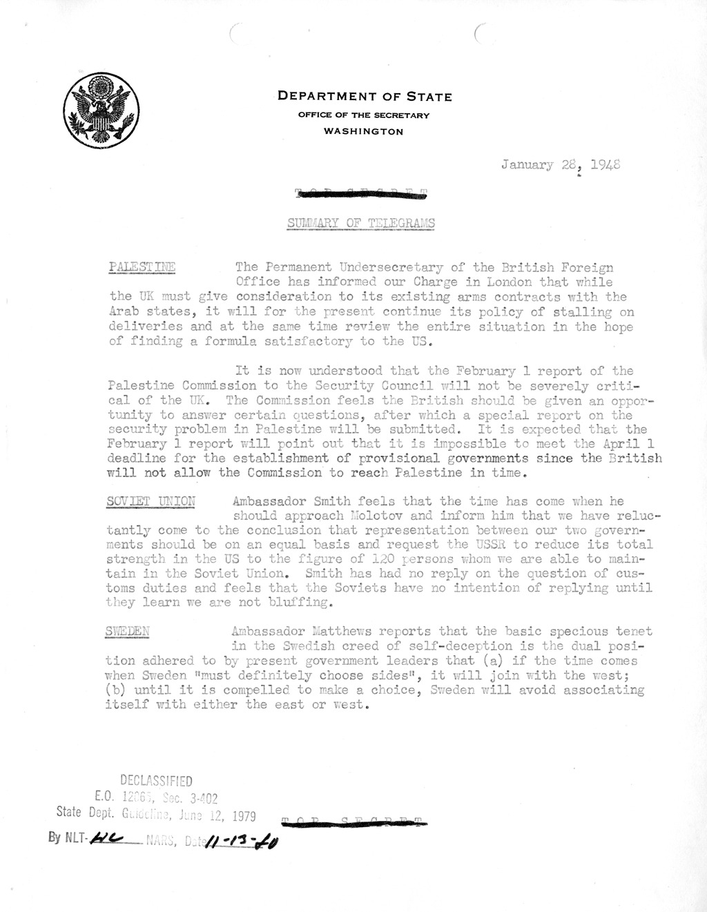 Memorandum, Department of State Summary of Telegrams