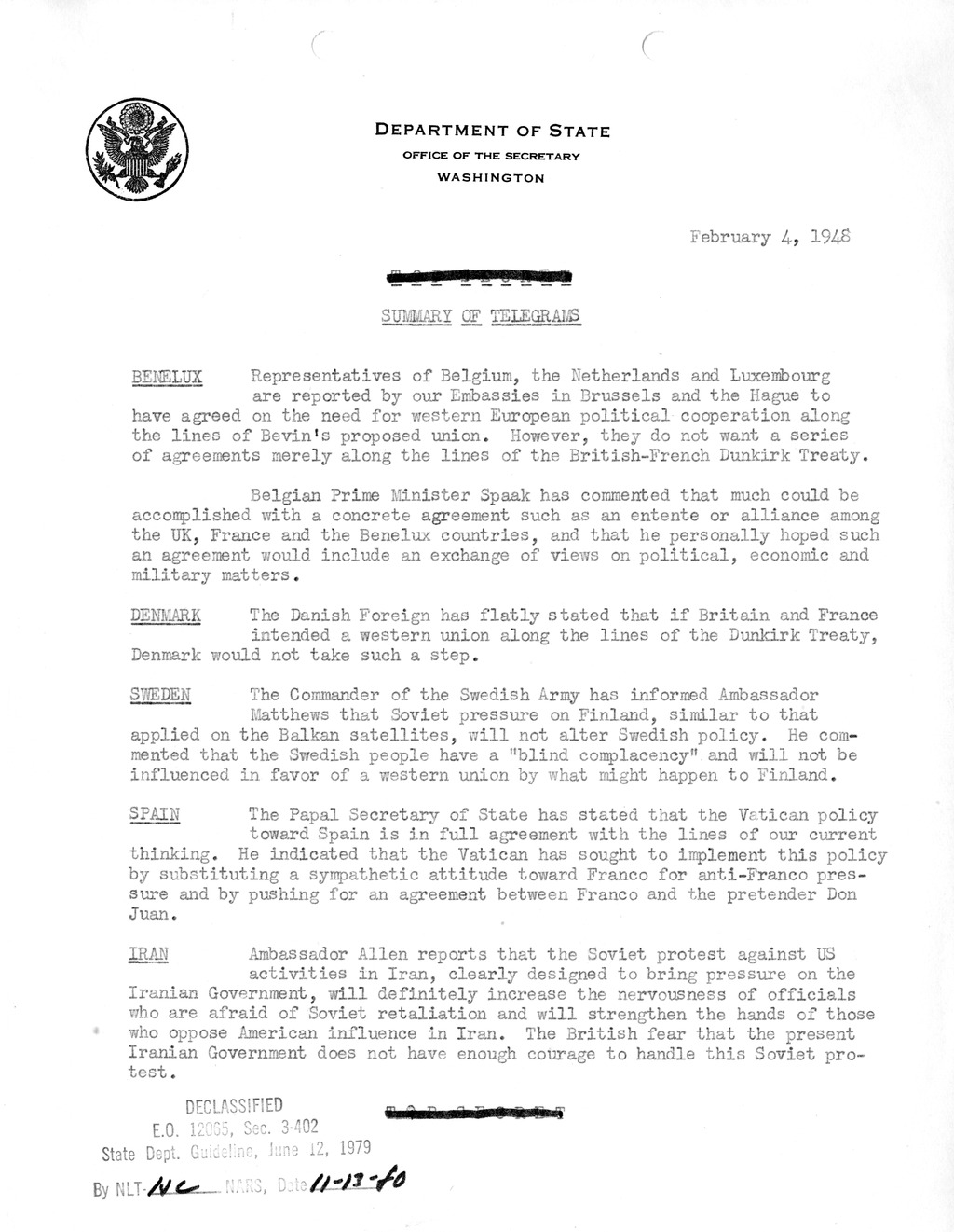 Memorandum, Department of State Summary of Telegrams