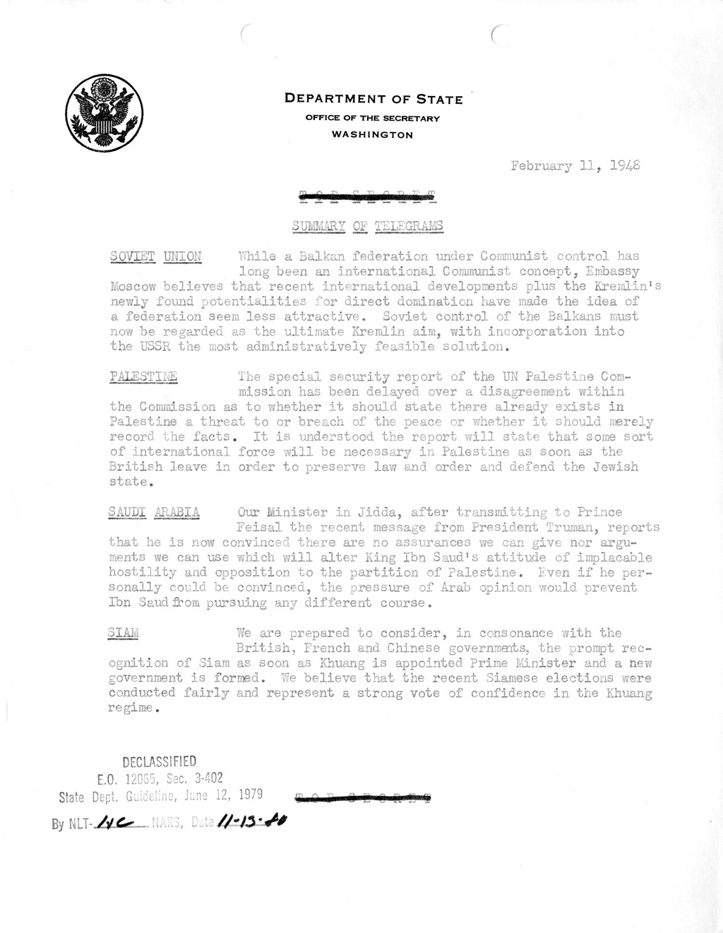 Memorandum, Department of State Summary of Telegrams