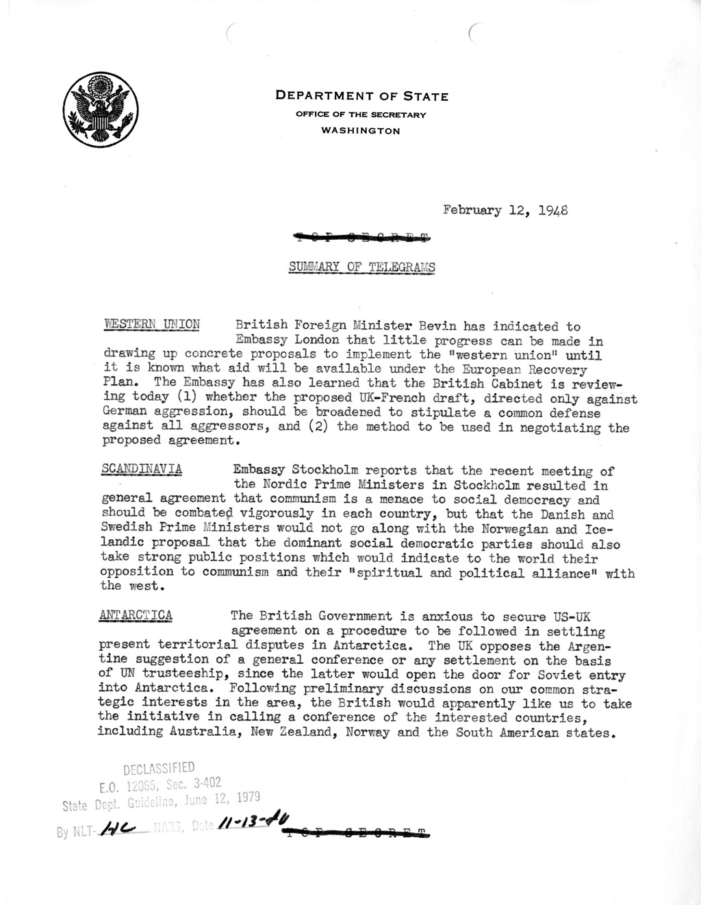 Memorandum, Department of State Summary of Telegrams