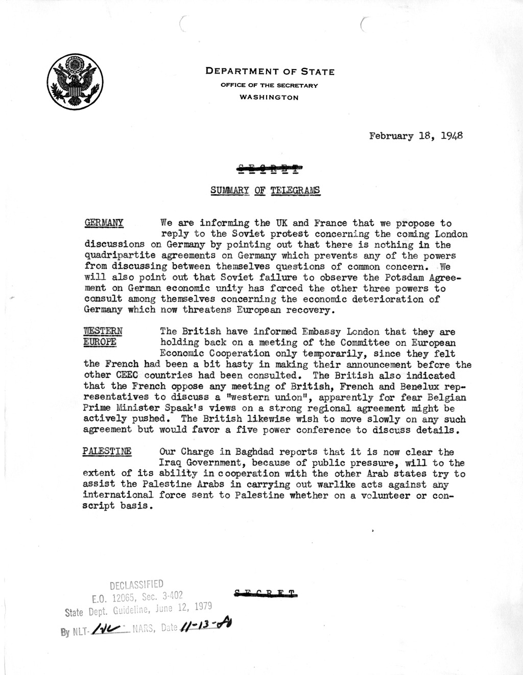 Memorandum, State Department Summary of Telegrams