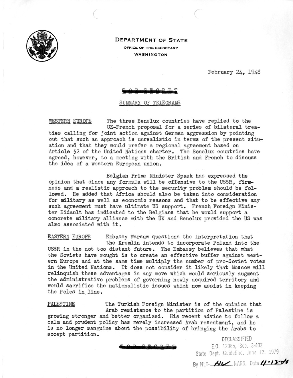 Memorandum, Department of State Summary of Telegrams