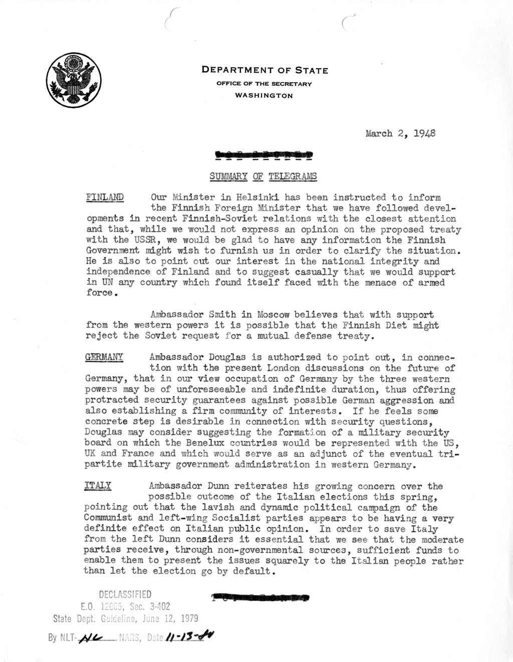 Memorandum, Department of State Summary of Telegrams