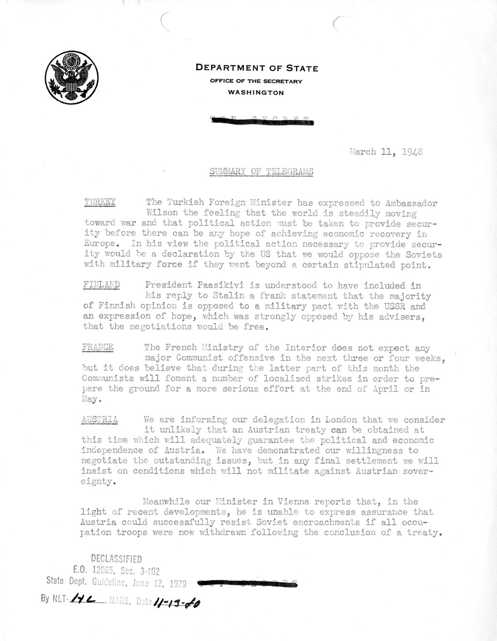 Memorandum, Department of State Summary of Telegrams