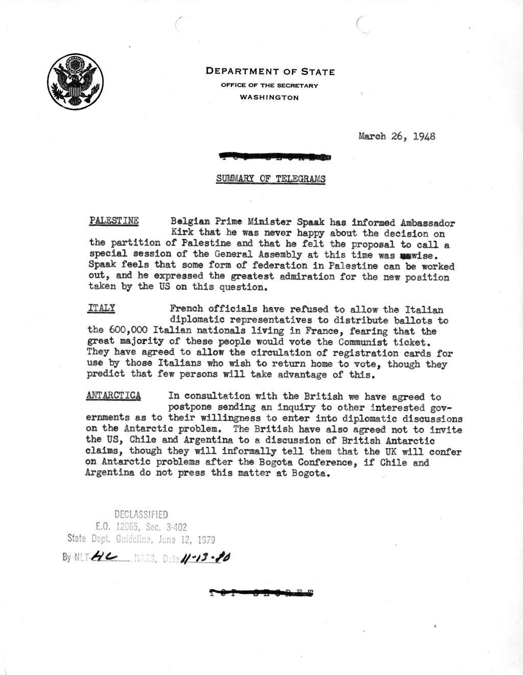 Memorandum, Department of State Summary of Telegrams