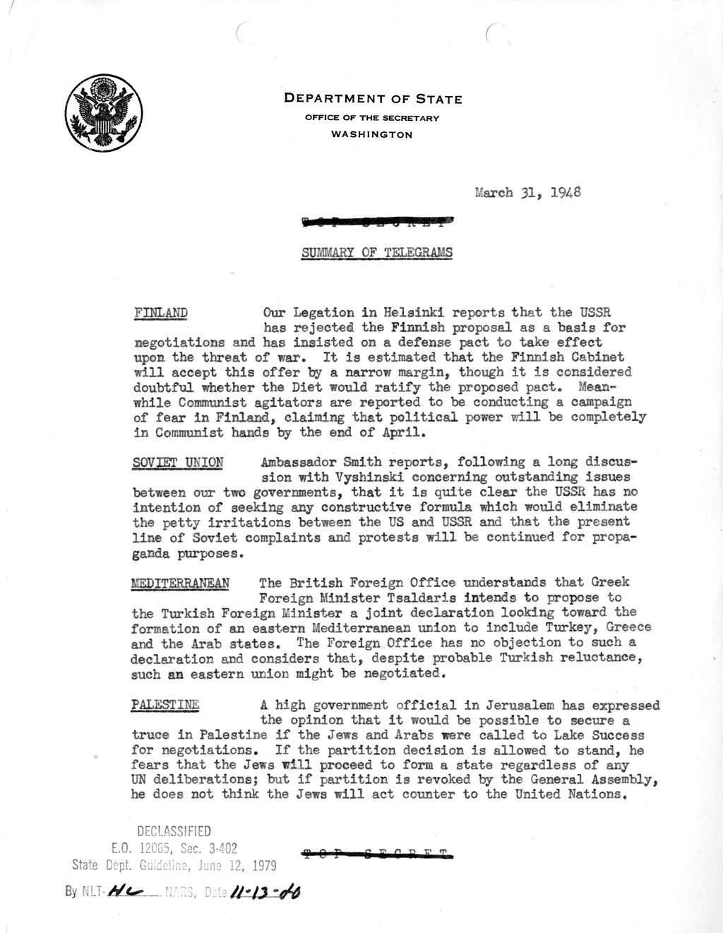 Memorandum, Department of State Summary of Telegrams