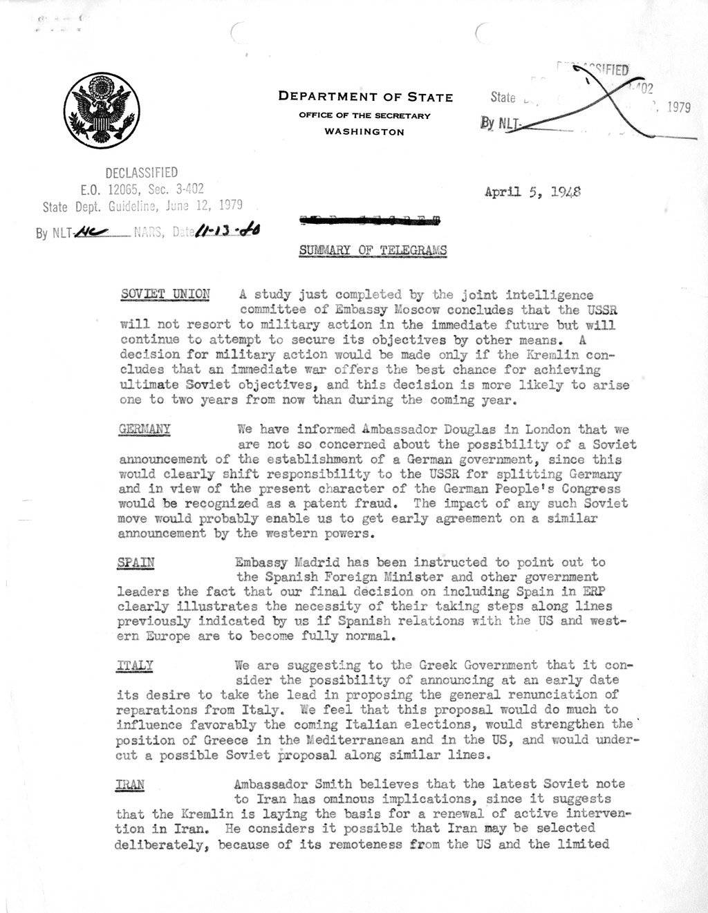 Memorandum, Department of State Summary of Telegrams