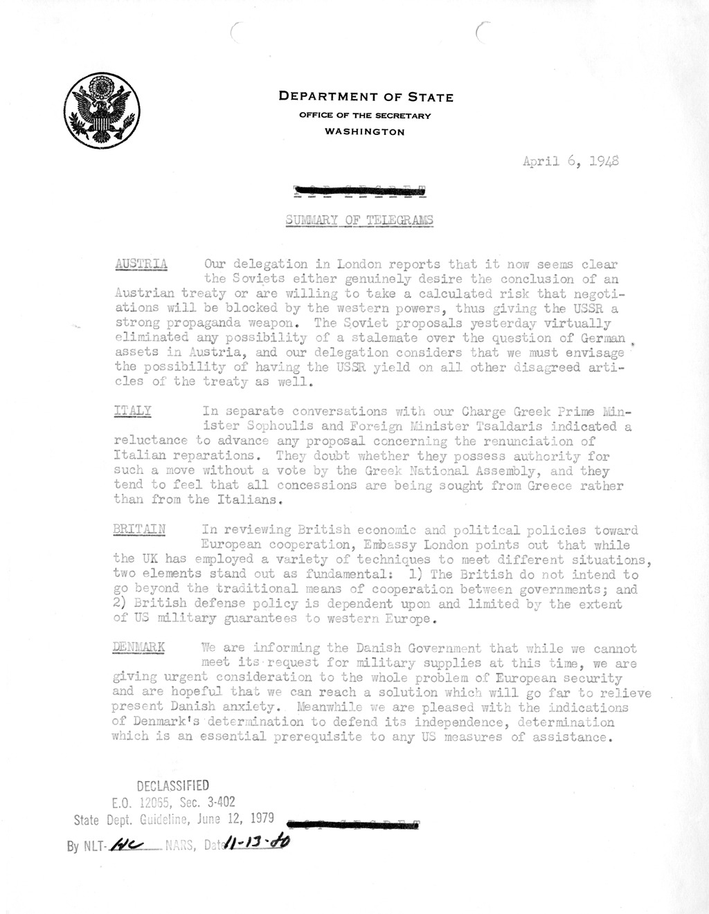 Memorandum, Department of State Summary of Telegrams