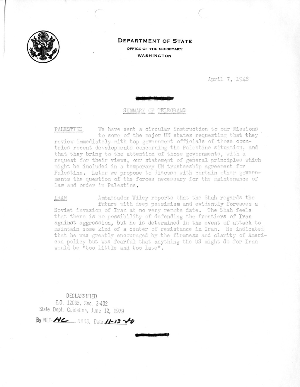 Memorandum, Department of State Summary of Telegrams