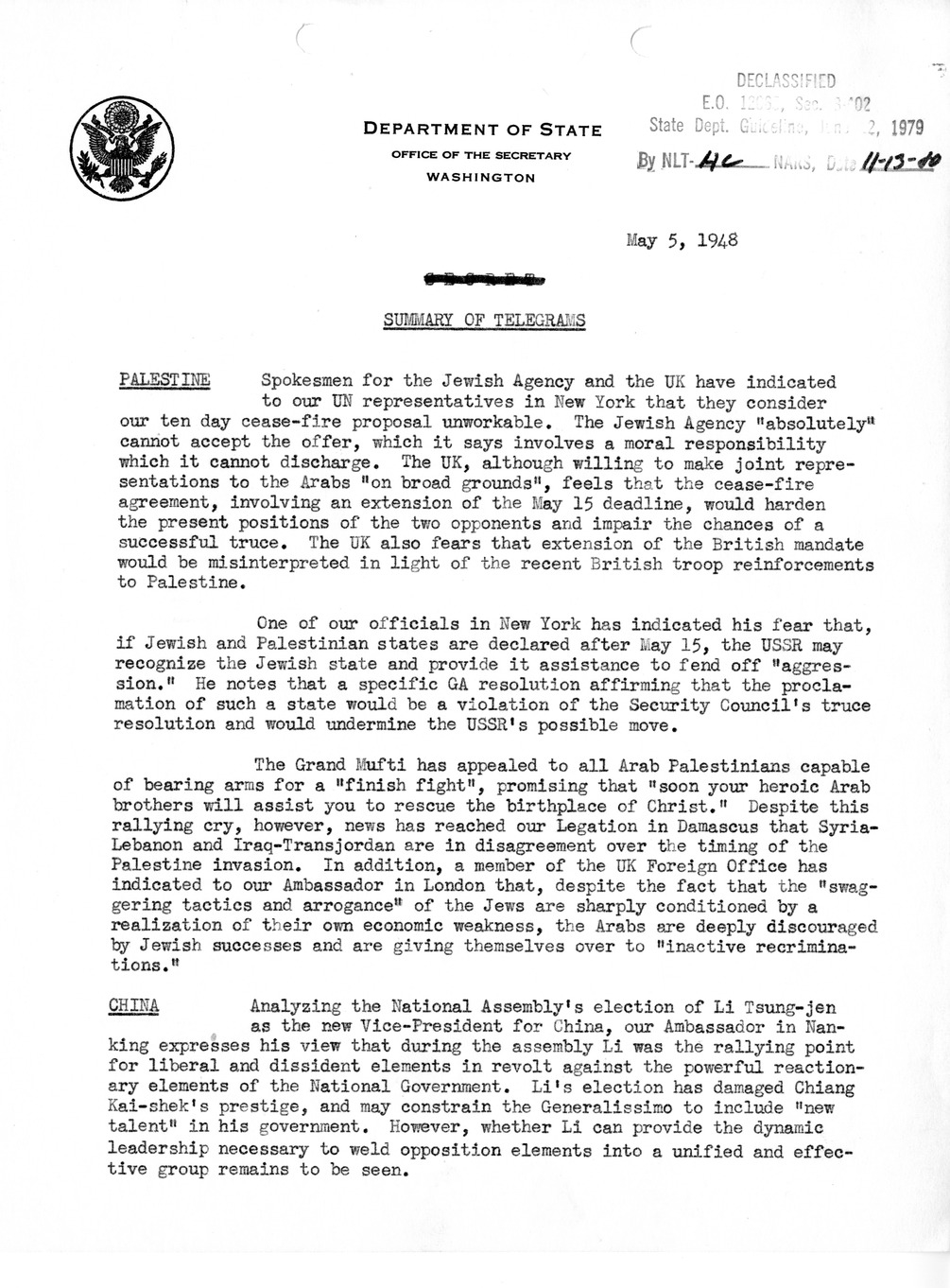 Memorandum, Department of State - Summary of Telegrams