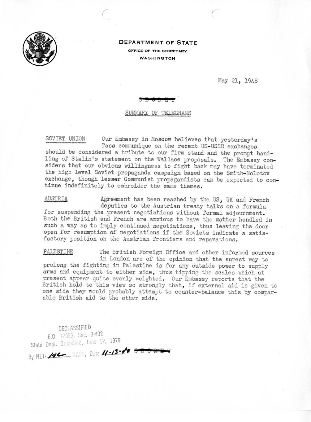 Memorandum, Department of State Summary of Telegrams