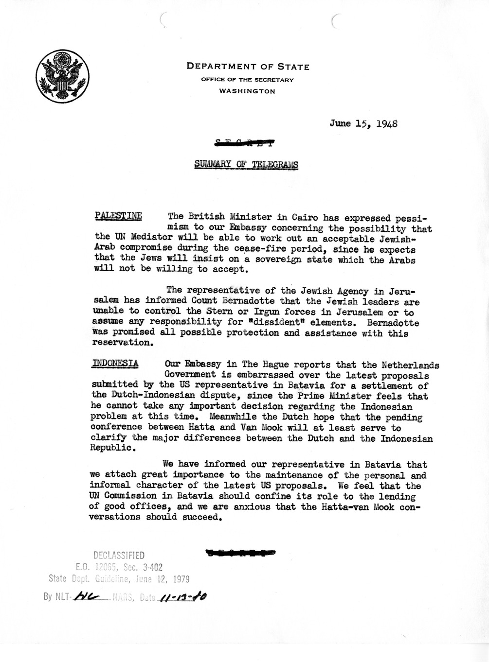 Memorandum, Department of State Summary of Telegrams