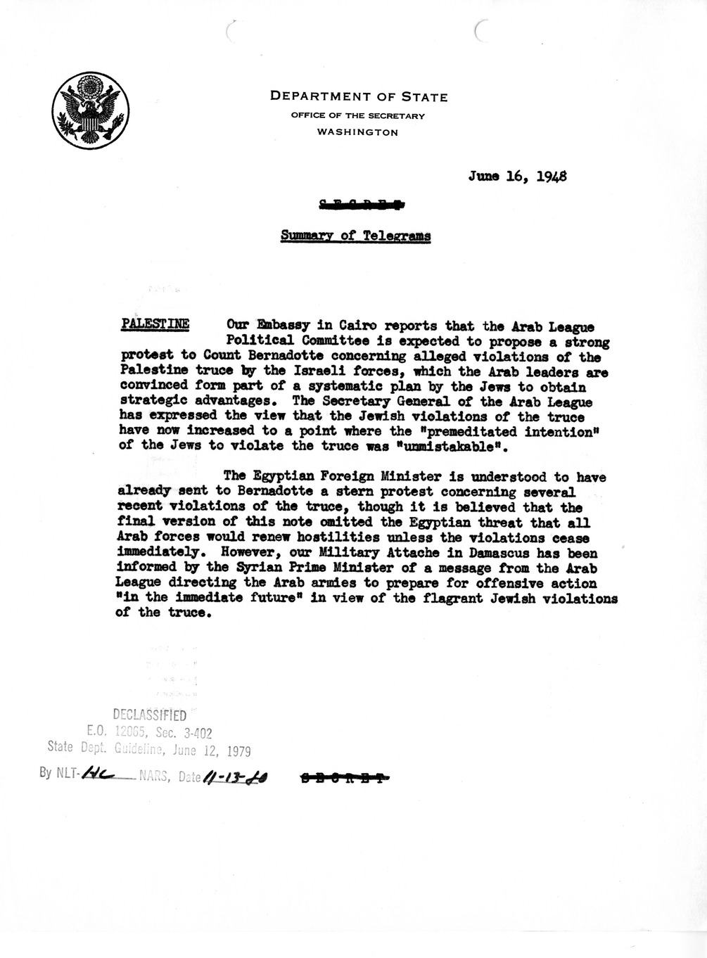 Memorandum, Department of State Summary of Telegrams