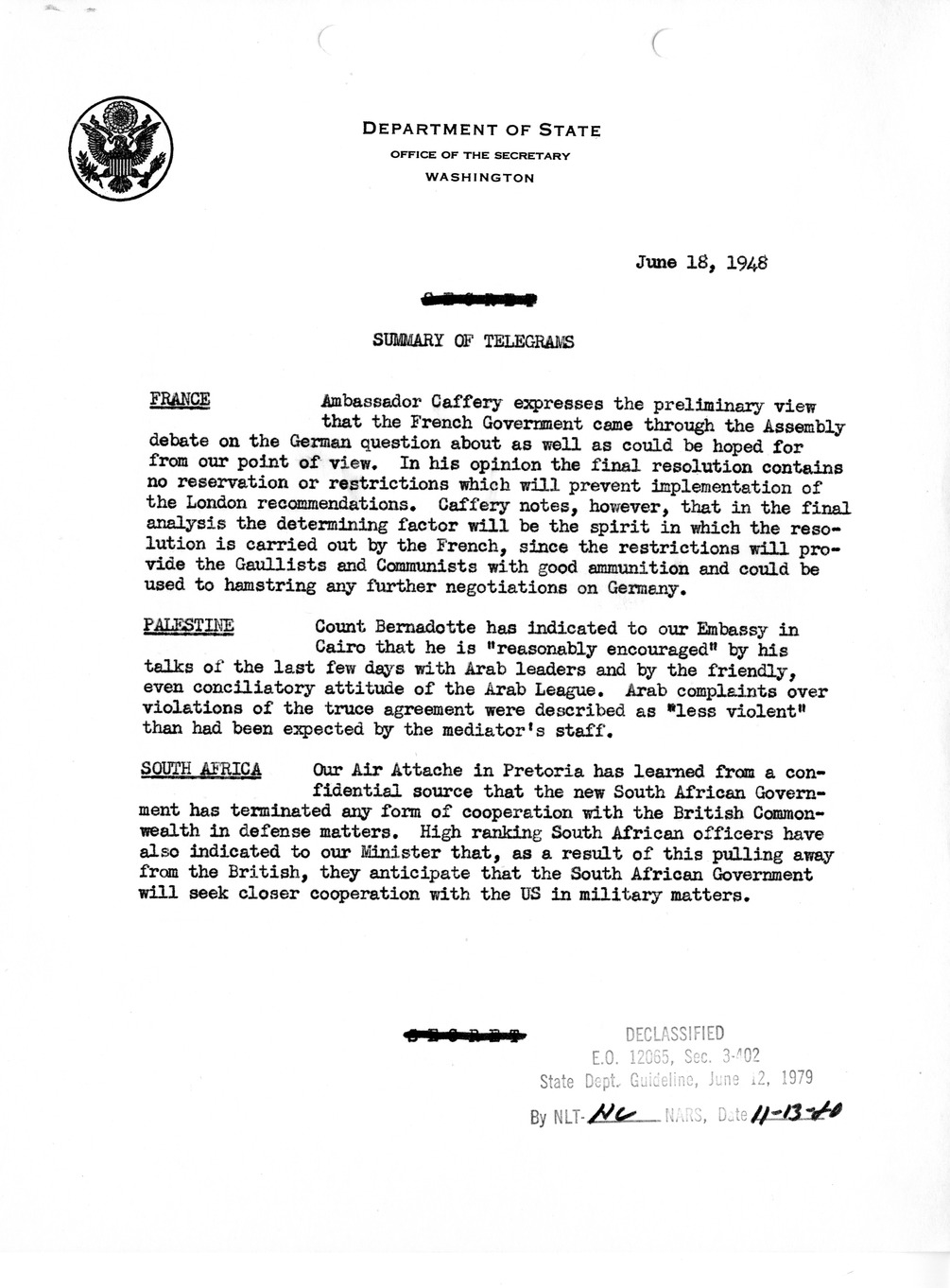 Memorandum, Department of State Summary of Telegrams