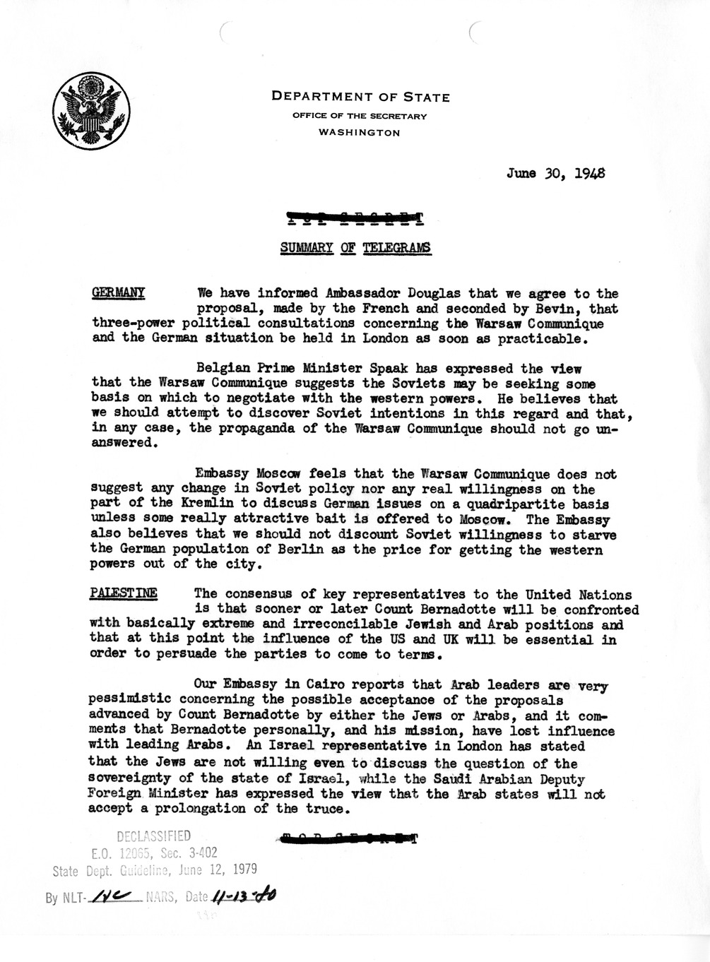 Memorandum, Department of State Summary of Telegrams