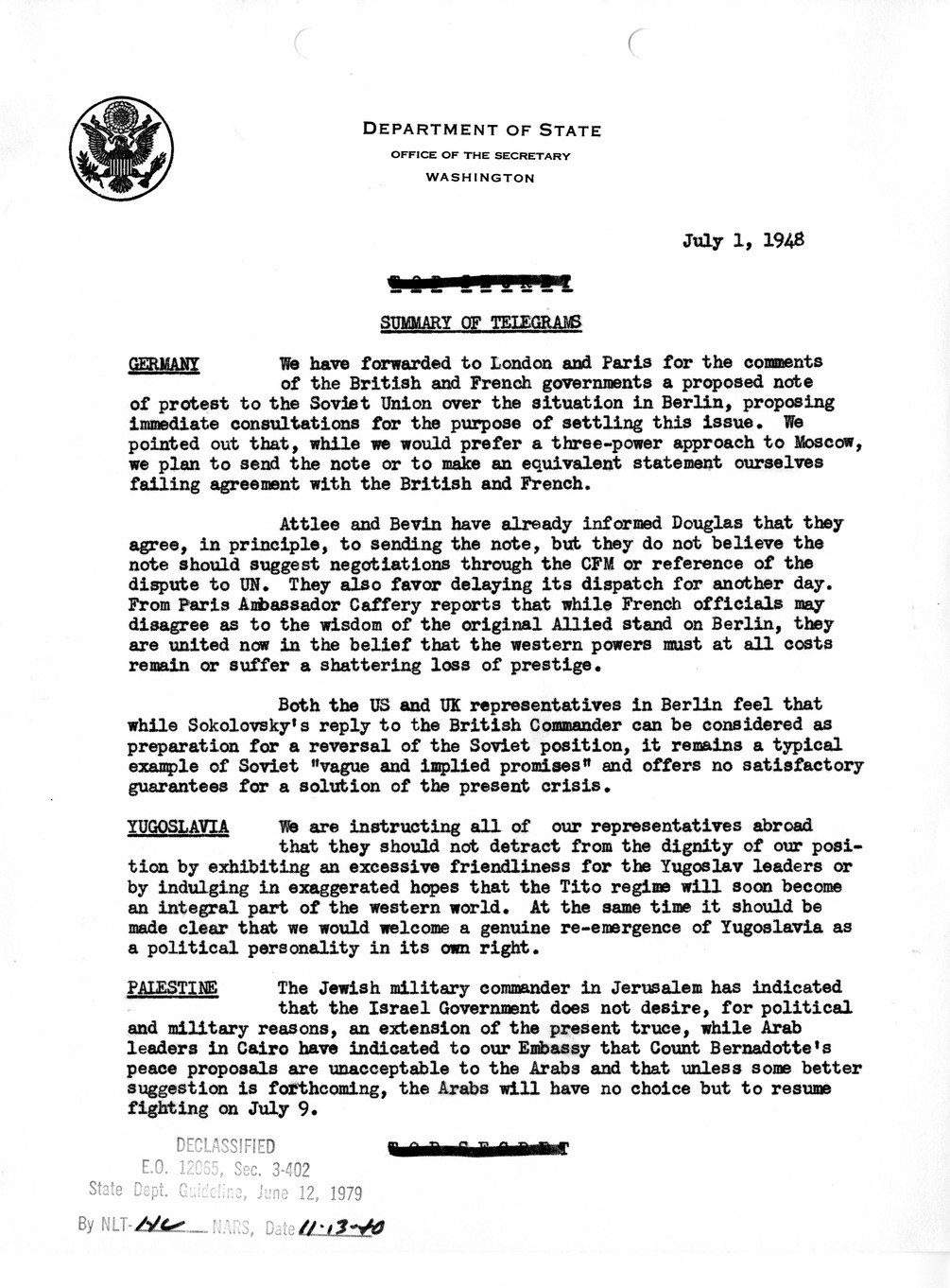 Memorandum, Department of State Summary of Telegrams