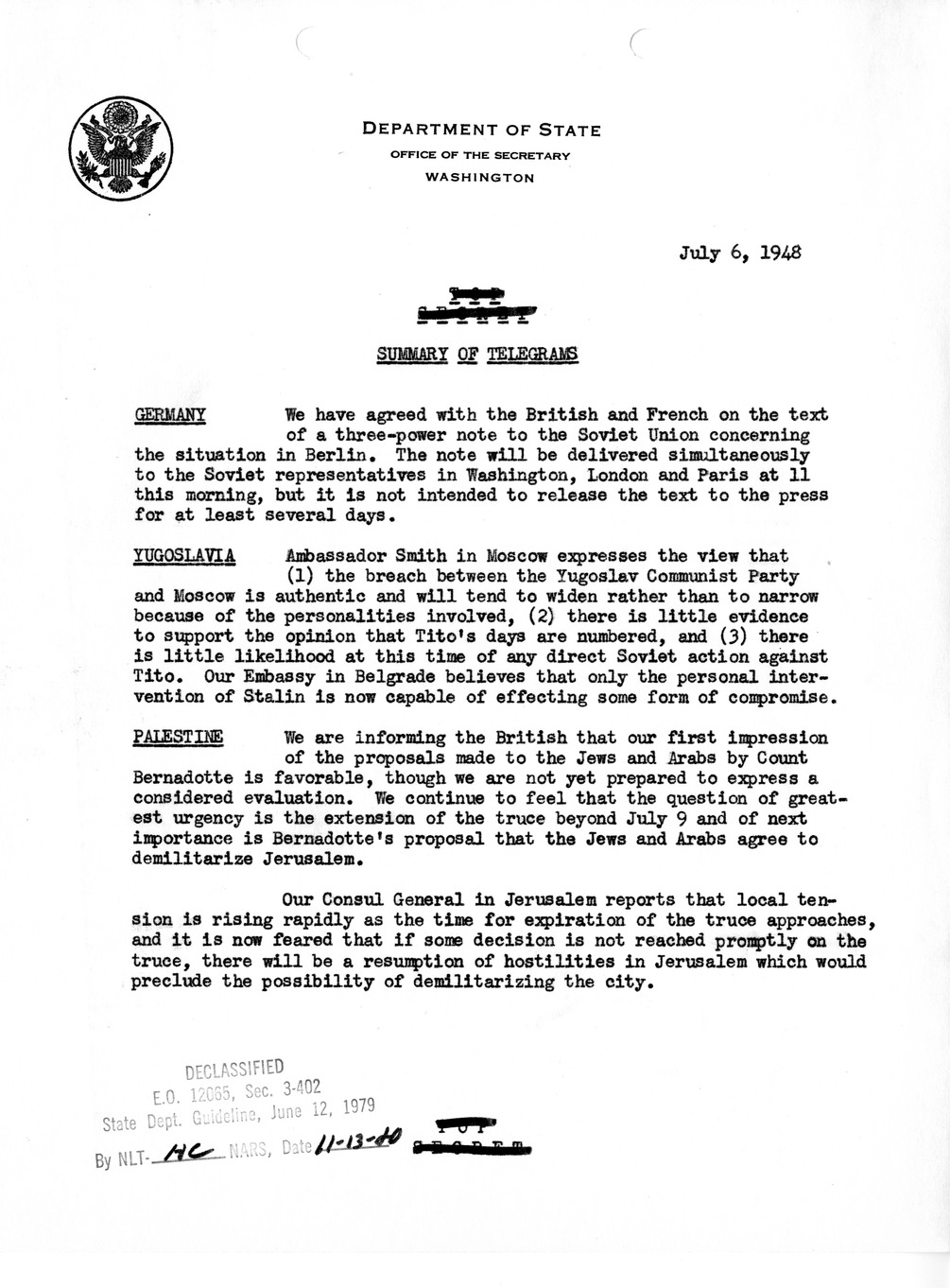 Memorandum, Department of State Summary of Telegrams