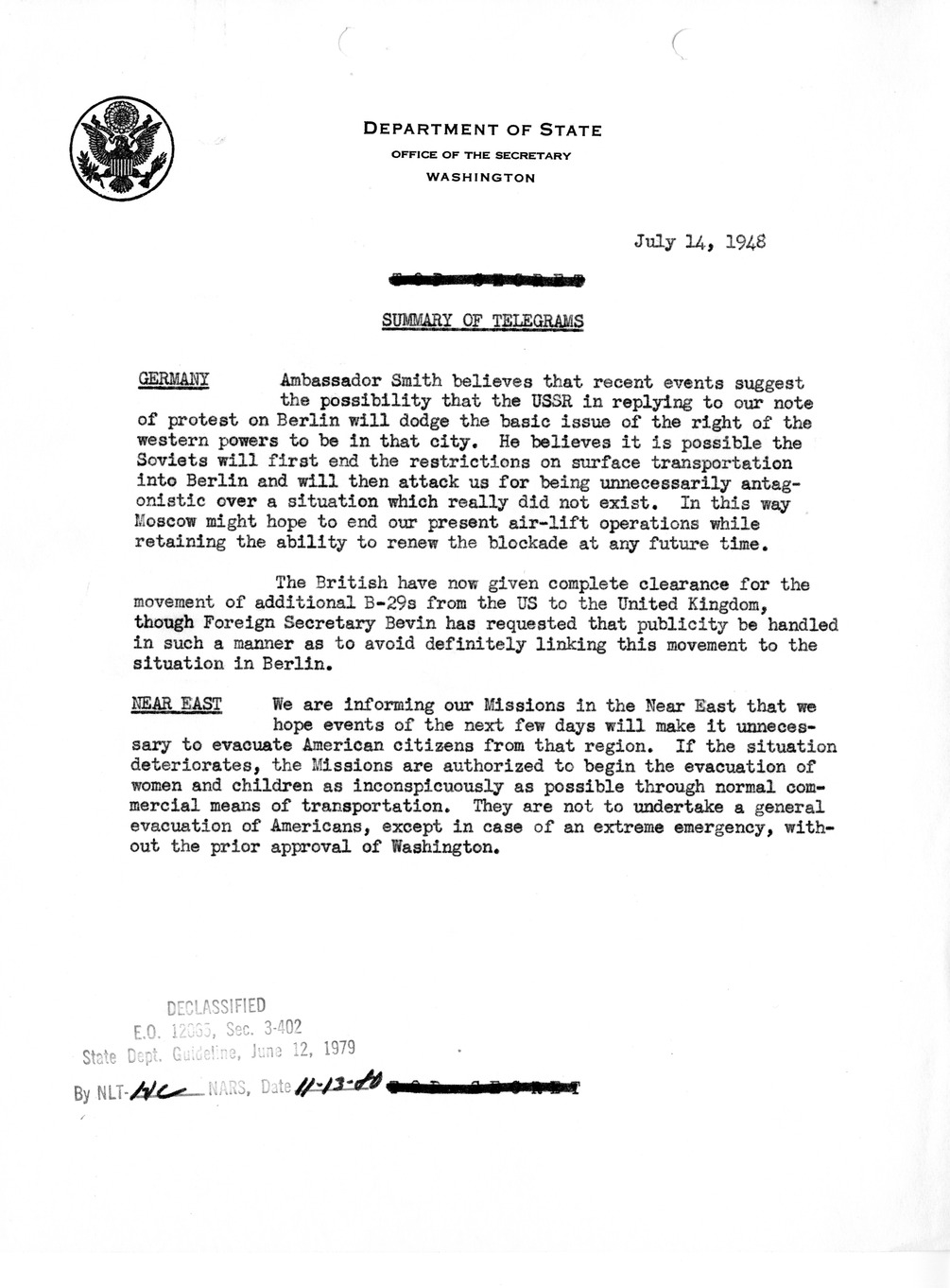 Memorandum, Department of State Summary of Telegrams