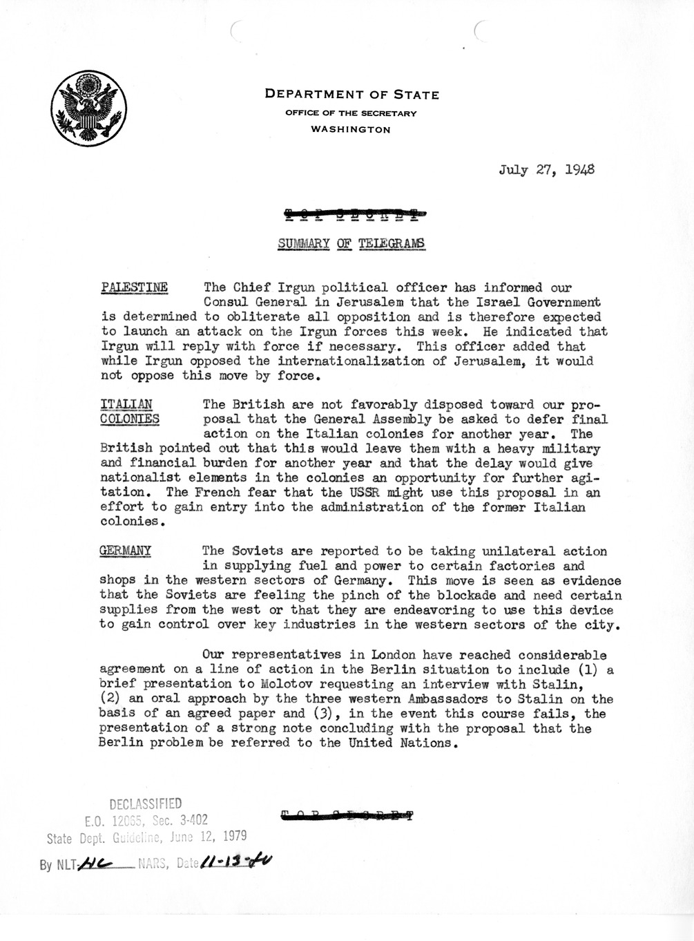 Memorandum, Department of State Summary of Telegrams