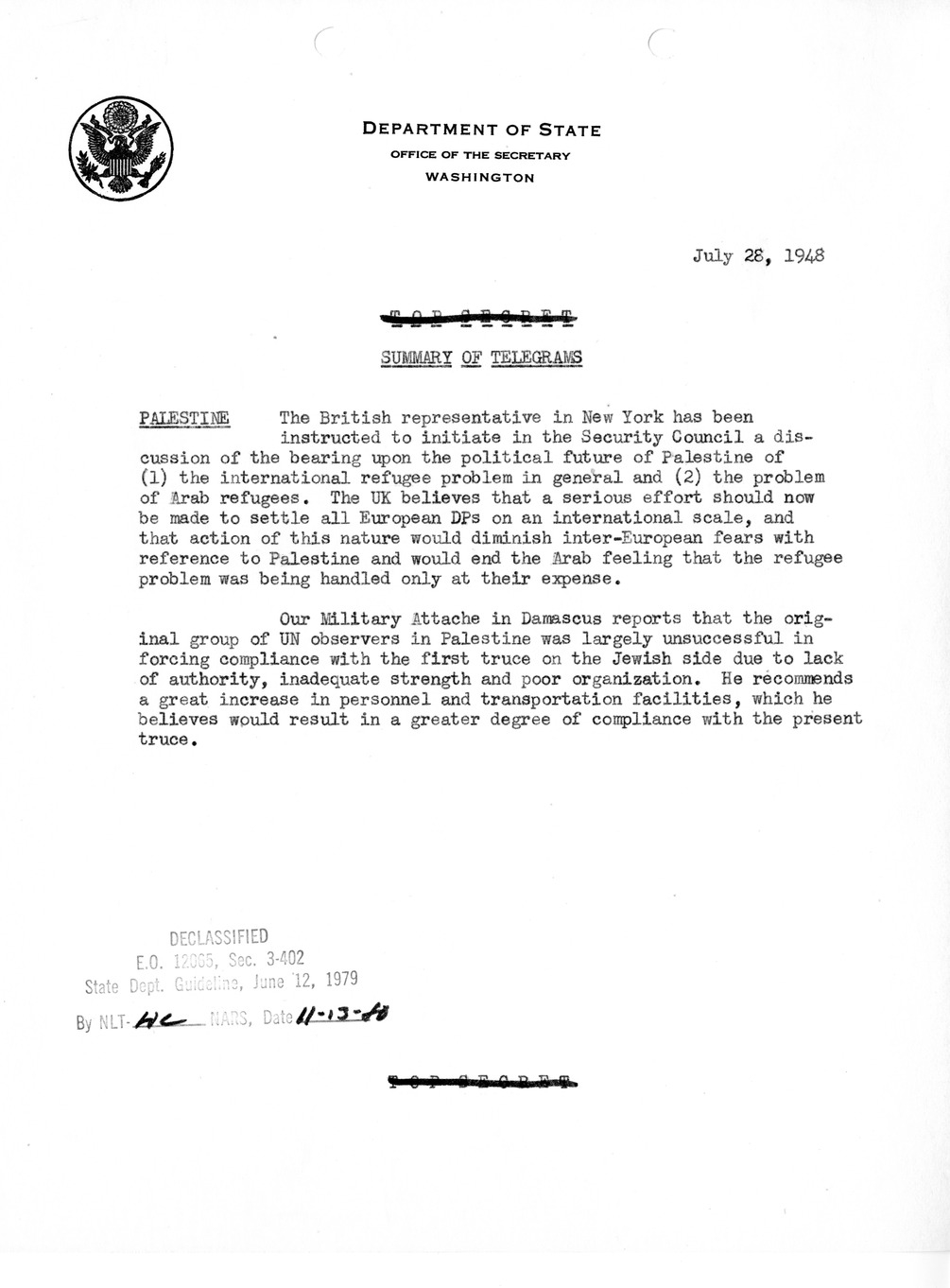 Memorandum, Department Of State Summary Of Telegrams 