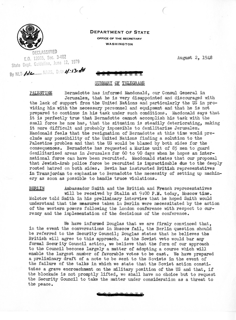 Memorandum, Department of State Summary of Telegrams