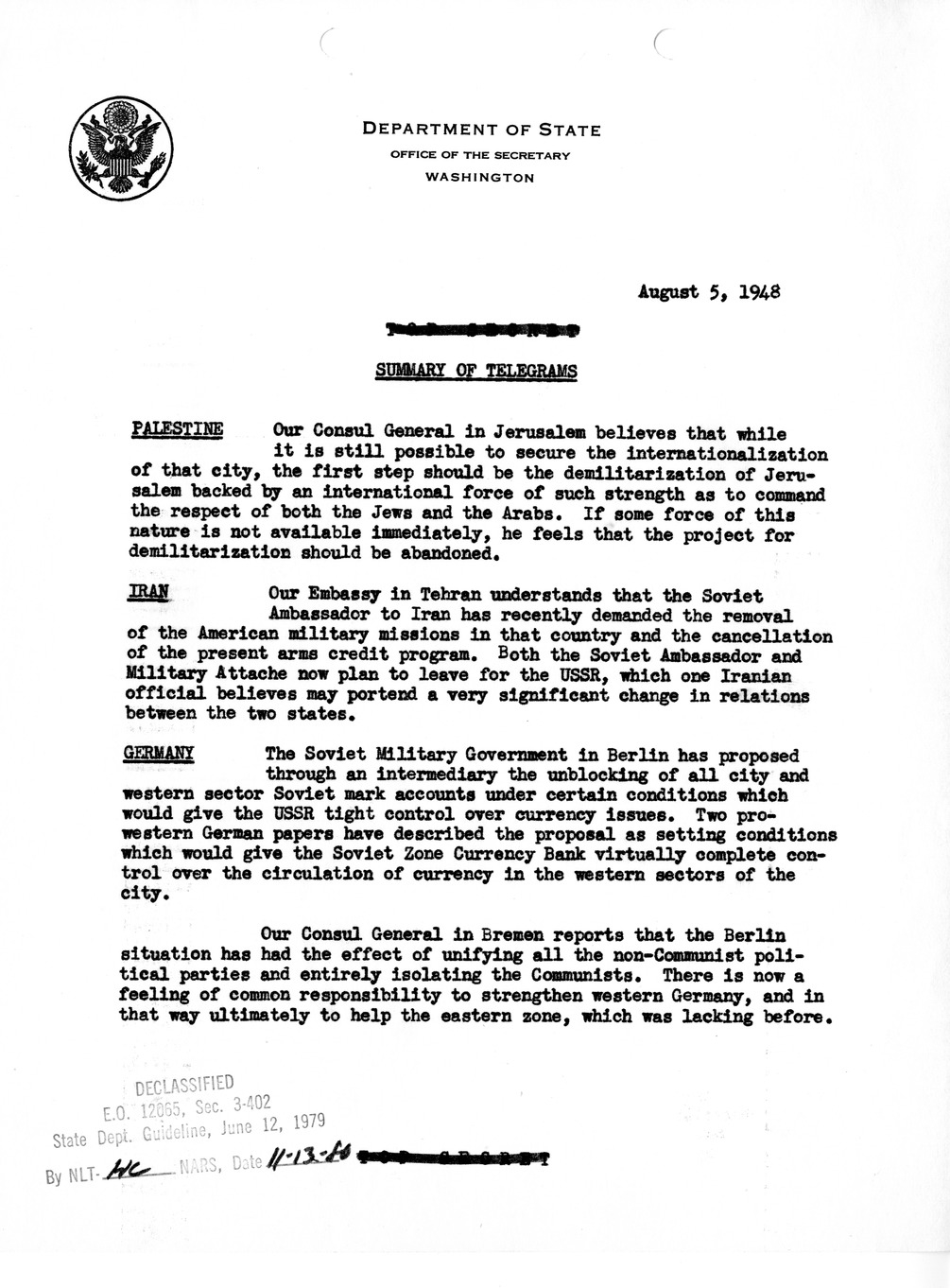 Memorandum, Department of State Summary of Telegrams