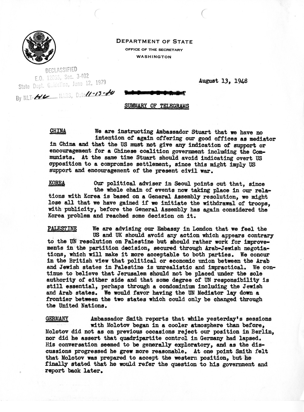 Memorandum, Department of State Summary of Telegrams