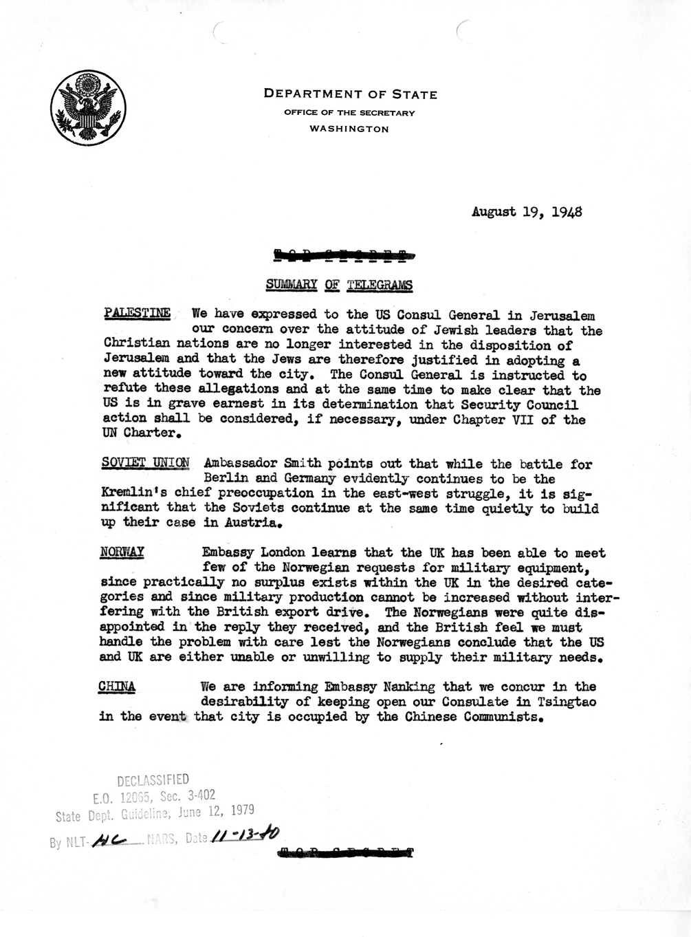 Memorandum, Department of State Summary of Telegrams