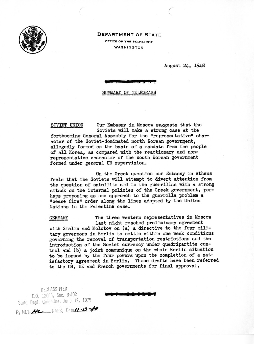 Memorandum, Department of State Summary of Telegrams