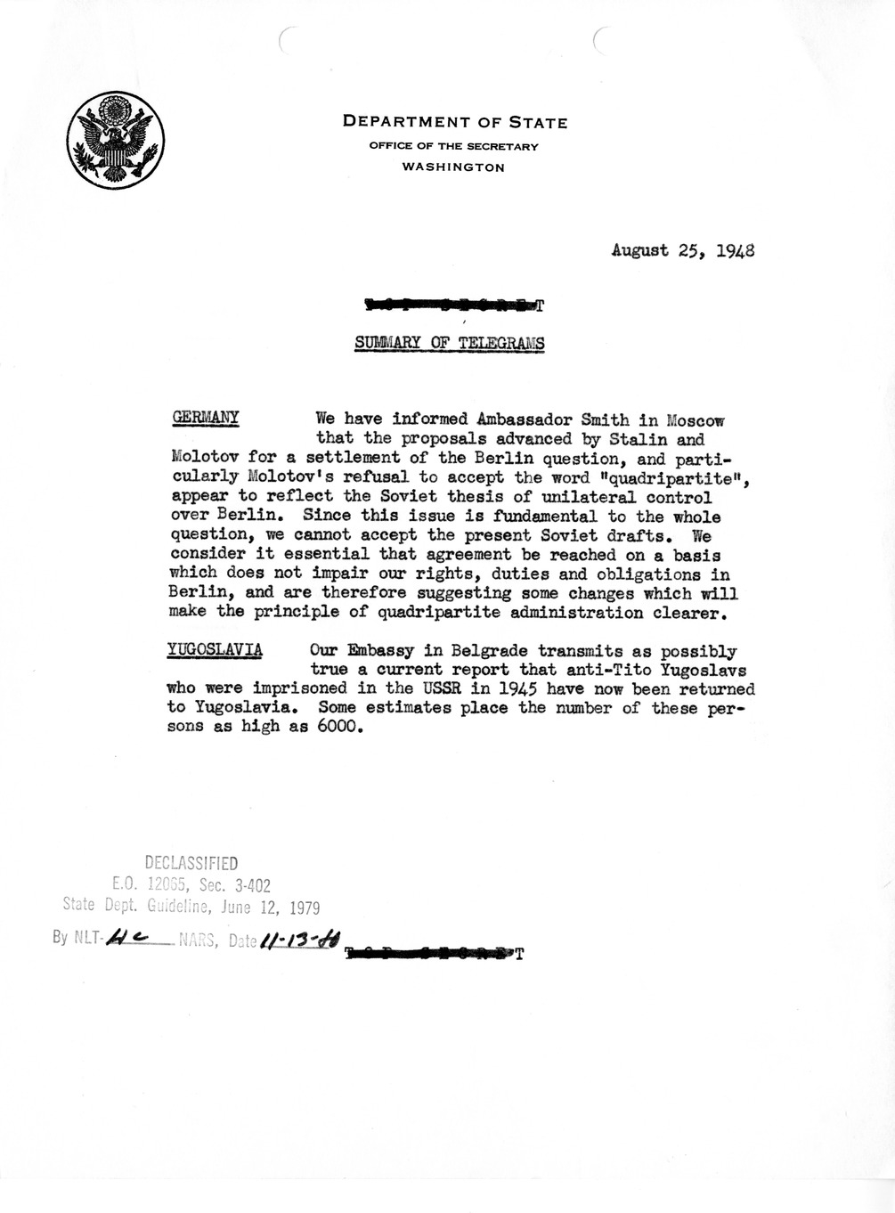 Memorandum, Department of State Summary of Telegrams