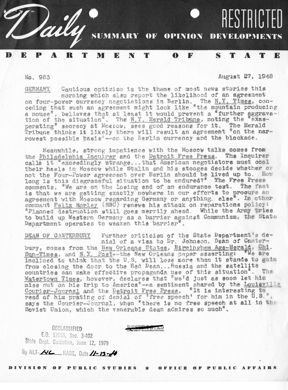 Memorandum,  Department of State Daily Summary of Opinion Developments