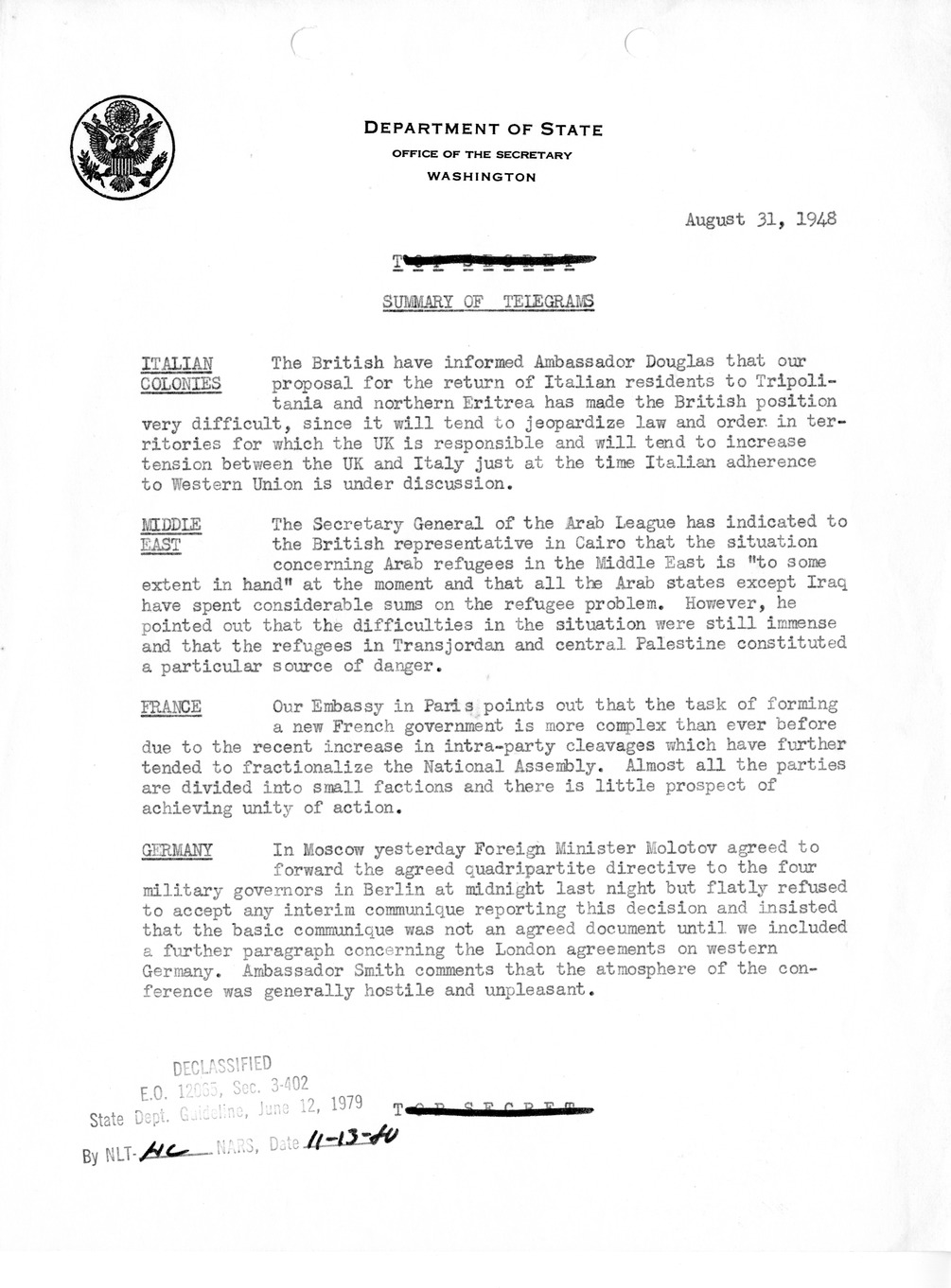 Memorandum, Department of State Summary of Telegrams