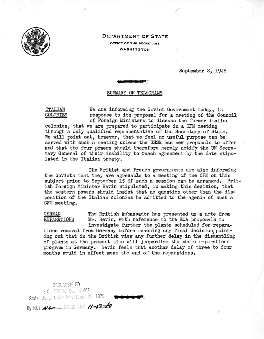 Memorandum, Department of State Summary of Telegrams