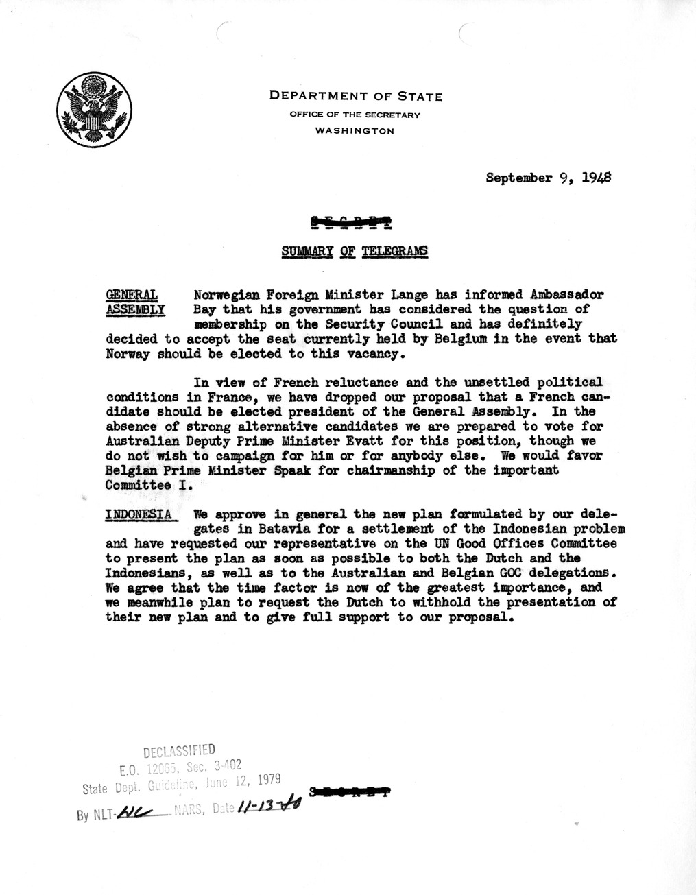 Memorandum, Department of State Summary of Telegrams