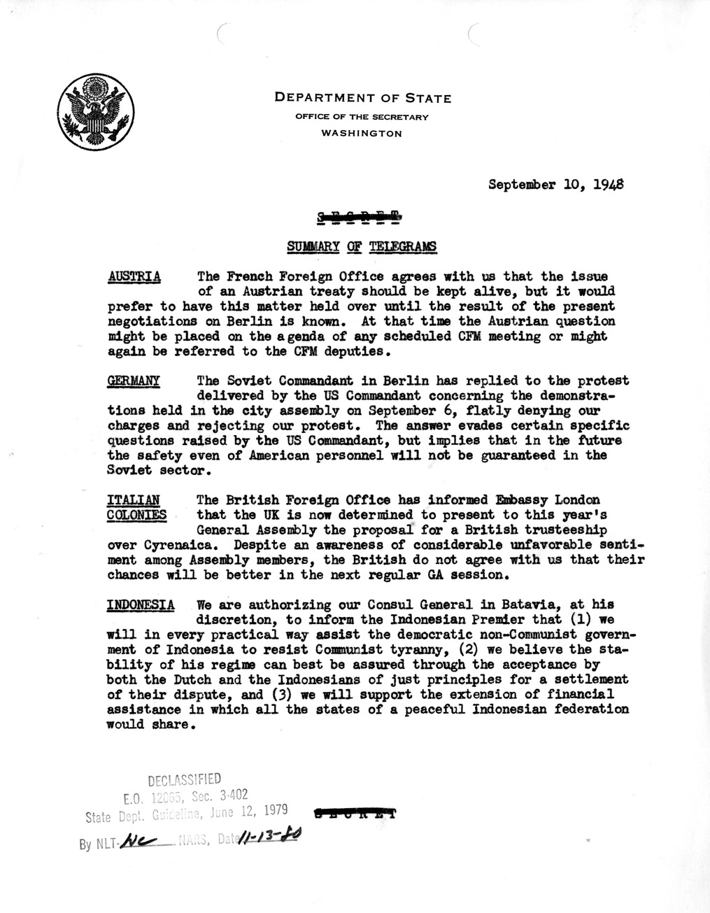 Memorandum, Department of State Summary of Telegrams