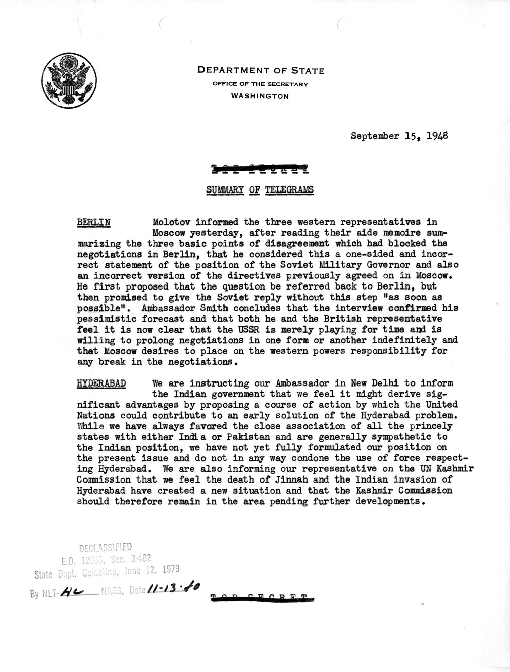 Memorandum, Department of State Summary of Telegrams