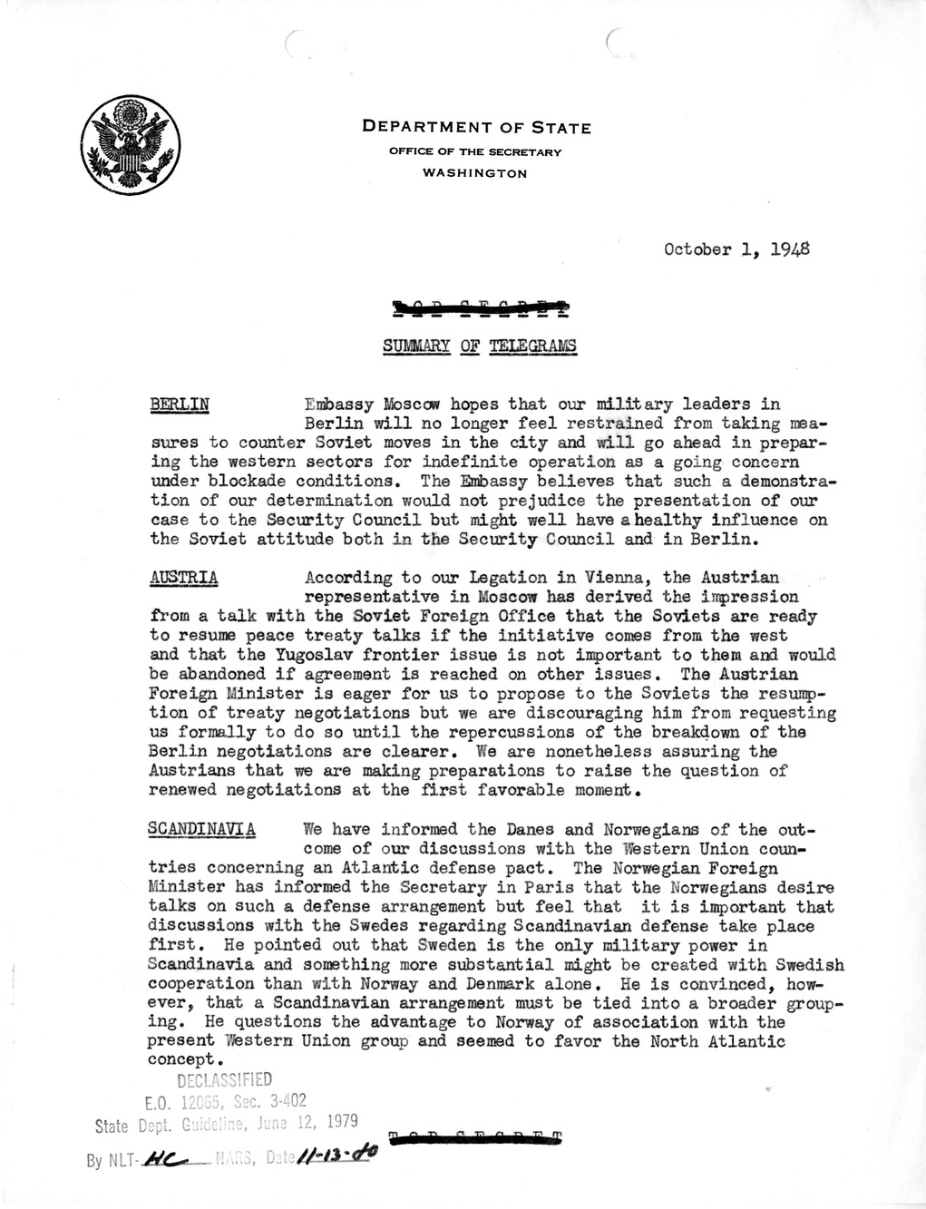 Memorandum, Department of State Summary of Telegrams